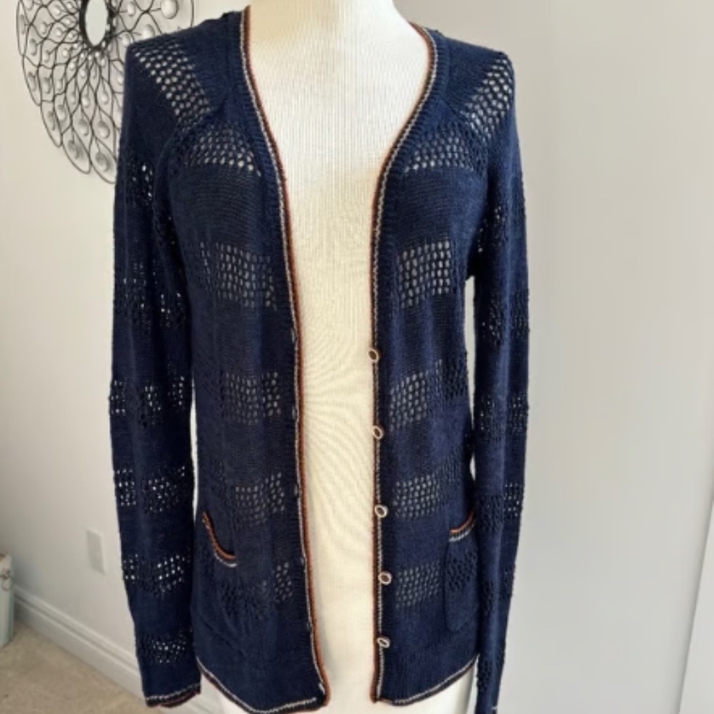 Lucky Brand Women's Navy w/orange trim open weave Cardigan